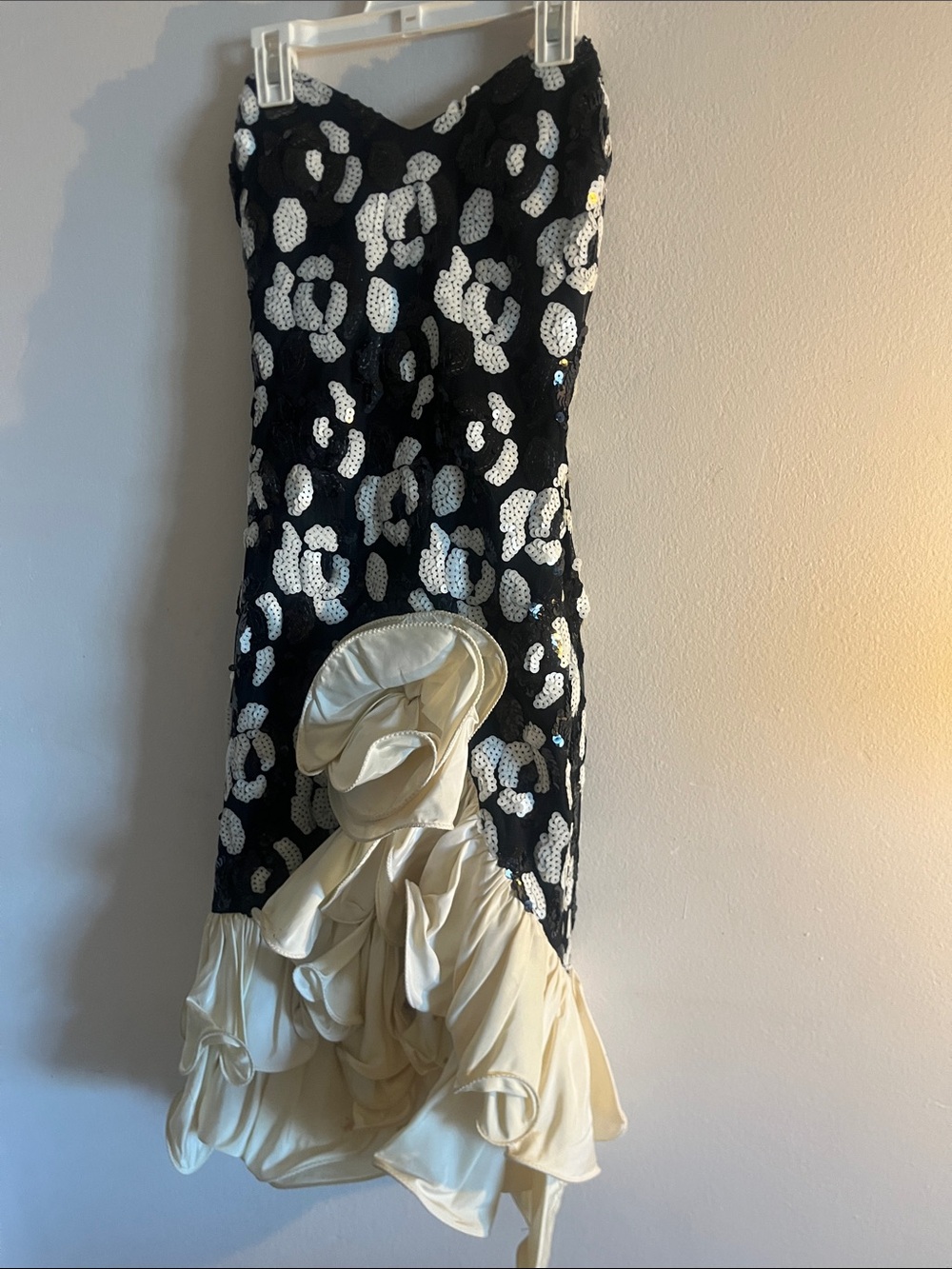 Vintage Black and White Sequin Strapless Dress with Cream Ruffle Hem - Picture 1 of 4